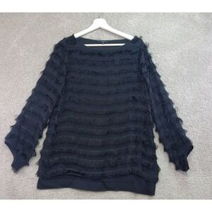 Anthropologie Drew Blouse Top Women Medium Black Tiered Fringe Layered Boat Neck